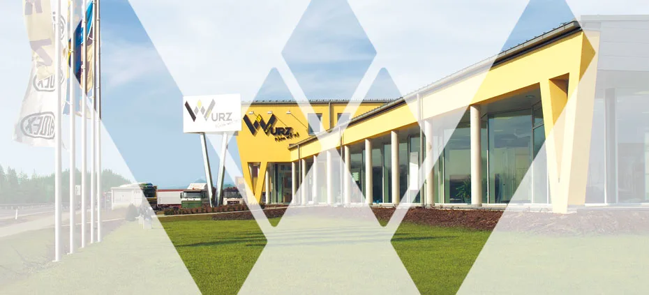 Grafik mit dem Firmengebäude von Wurz hinter großen Rauten aus dem Logo